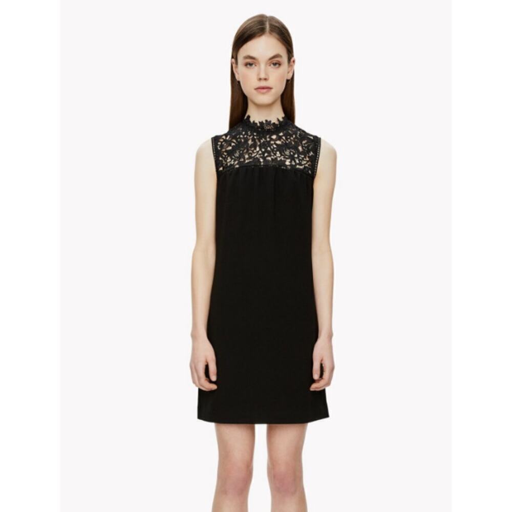 Theory Aronella Lace Crepe Mini Dress Black High Neck Size 8